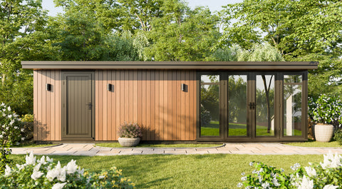 A large garden office with a storage room to the side