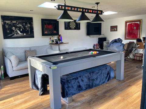 Man cave with pool table, to and bar in Cheshire