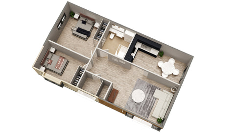 A 3D Floorplan of a two bedroom granny annexe