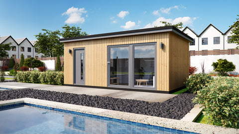 Modern granny annexe with composite cladding, designed as an Annexe Style Bespoke by Rubicon Garden Rooms adjacent to an outdoor swimming pool.