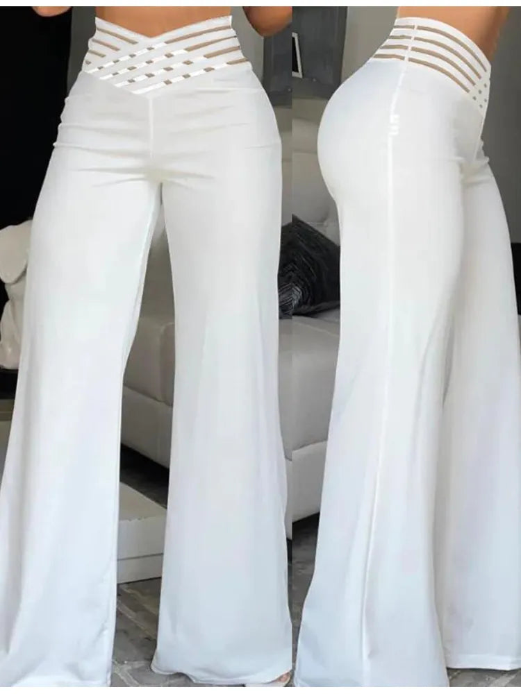 Elegant High Waist Flared Women Pants Crisscross Sheer Mesh Patch Mesh Patch Casual Trousers