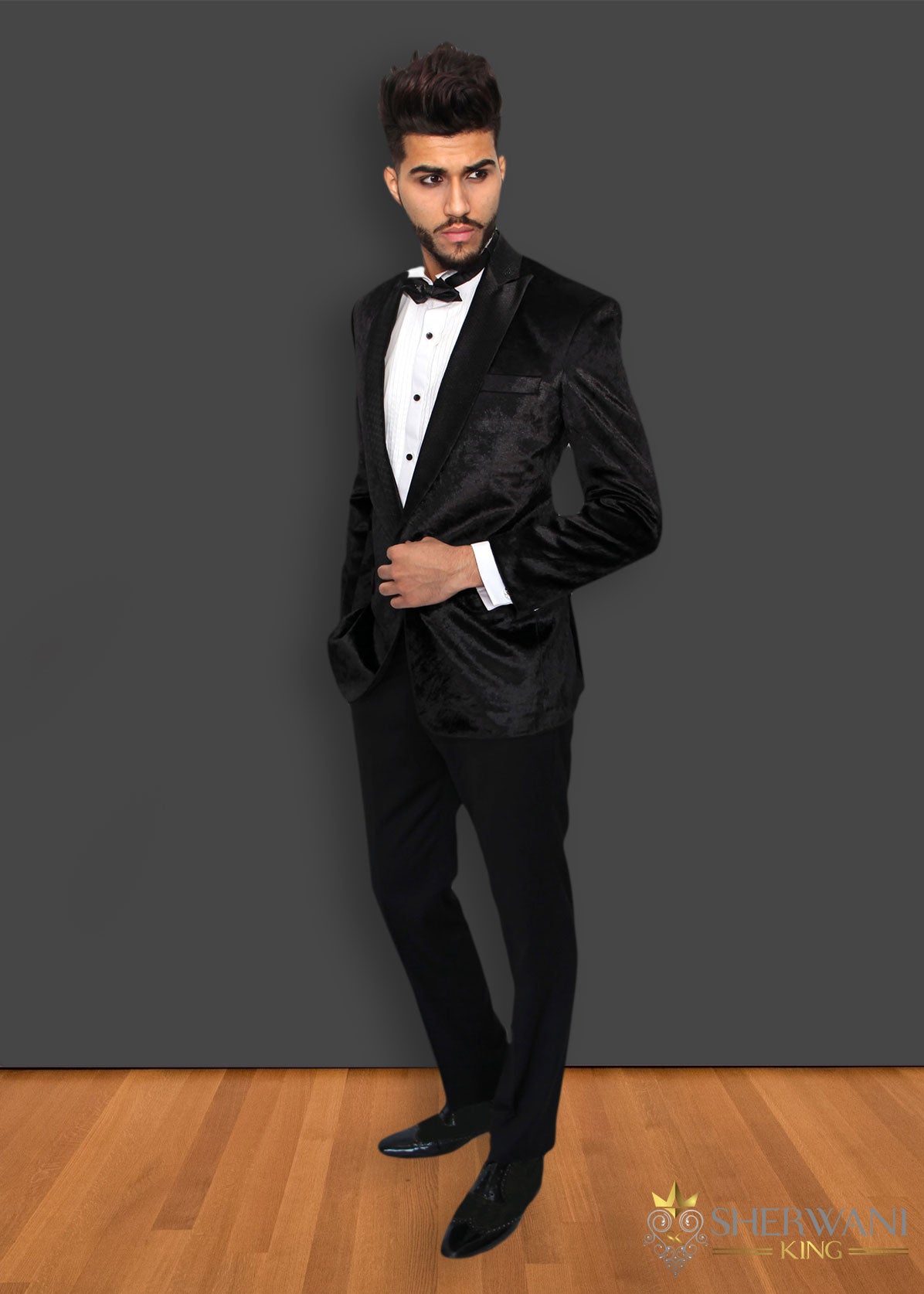 Shimmering Black Suede Velvet Tuxedo Suit - Sherwani King