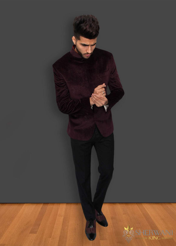 Plum Velvet Jodhpuri Suit with Collar 