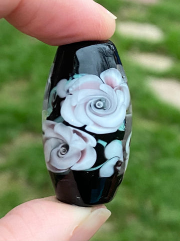 Handmade Black Floral Lampwork Bead