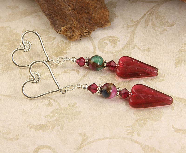 ruby red heart earrings