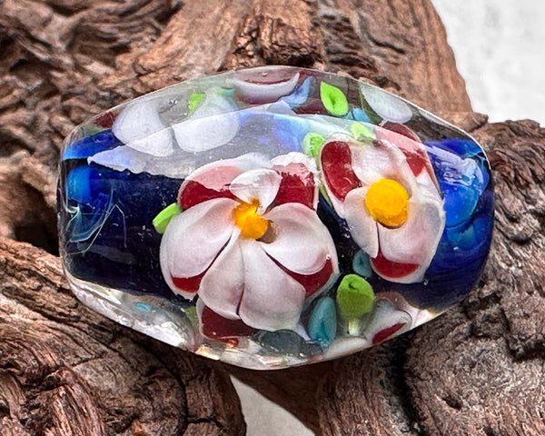 red white floral lampwork bead