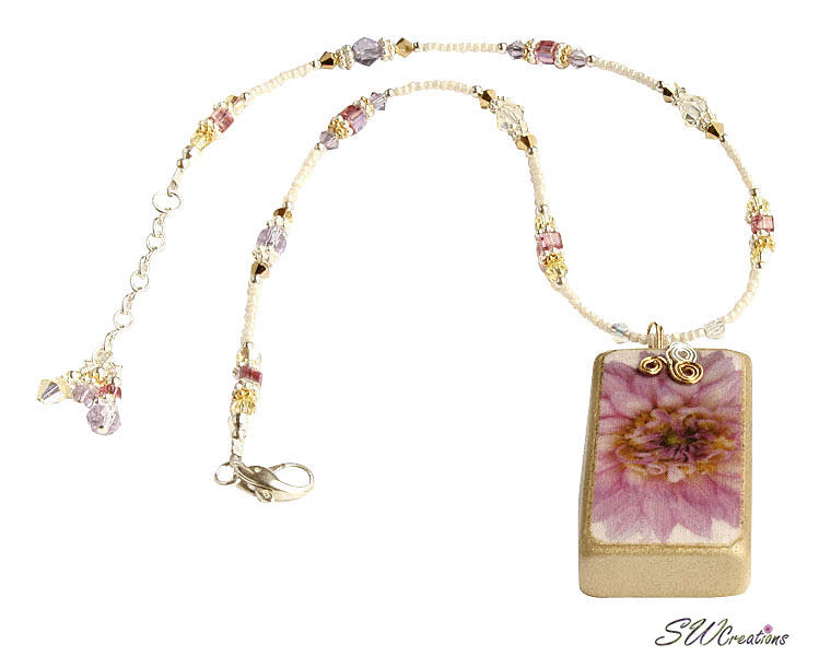 Purple Pink Yellow Dahlia Crystal Fleuri Art Domino Necklace