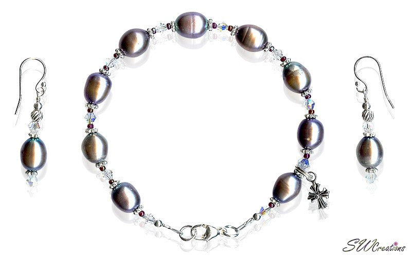 Peacock Pearl Crystal Ruby Cross Beaded Bracelets Set