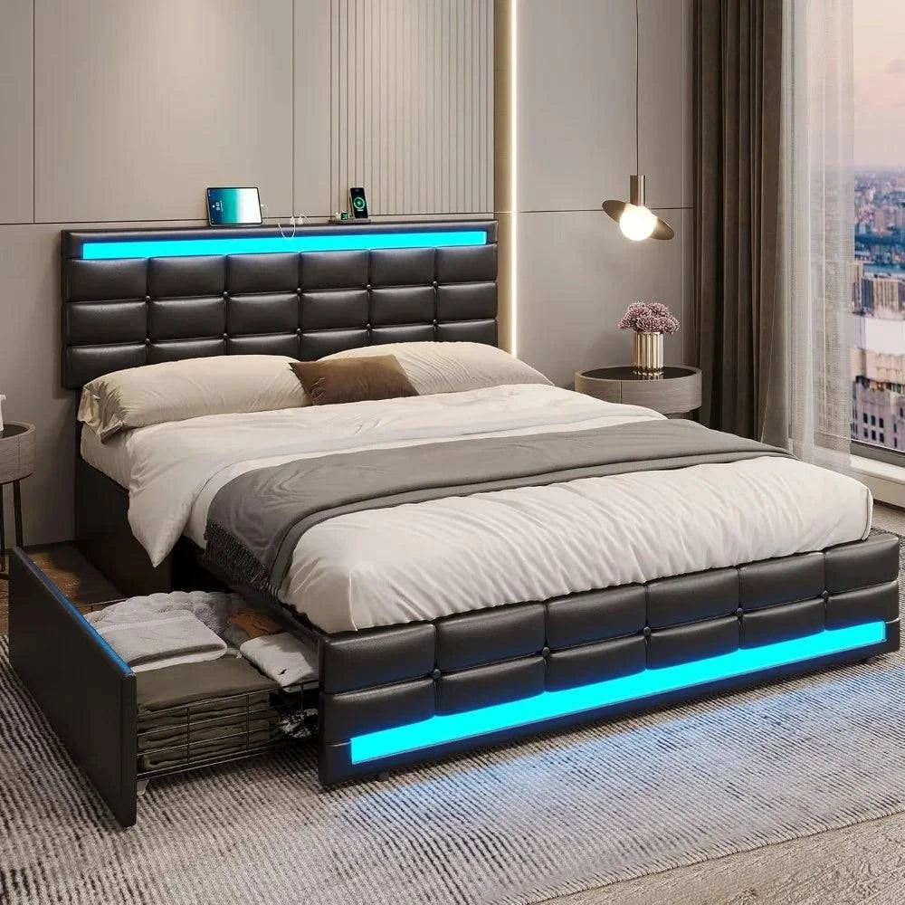 Black Queen Bed Frame with LED & Storage 🔌