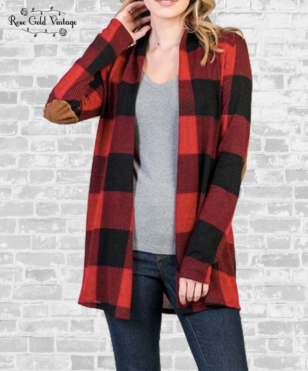 buffalo plaid cardigan with elbow patches images