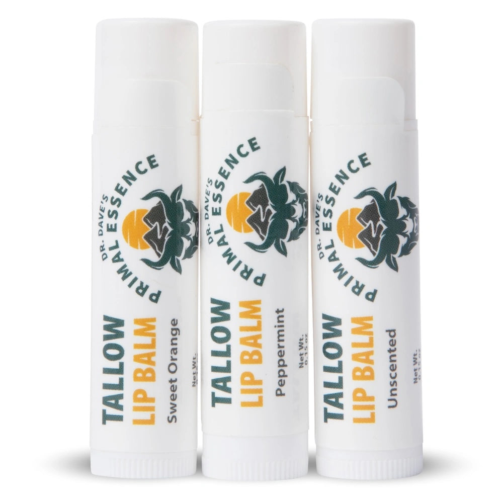 Three tubes of tallow lip balm: sweet orange, peppermint, unscented.