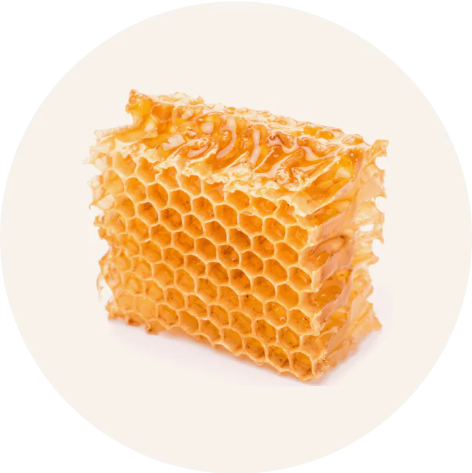 A chunk of honeycomb filled with golden honey on a light background.