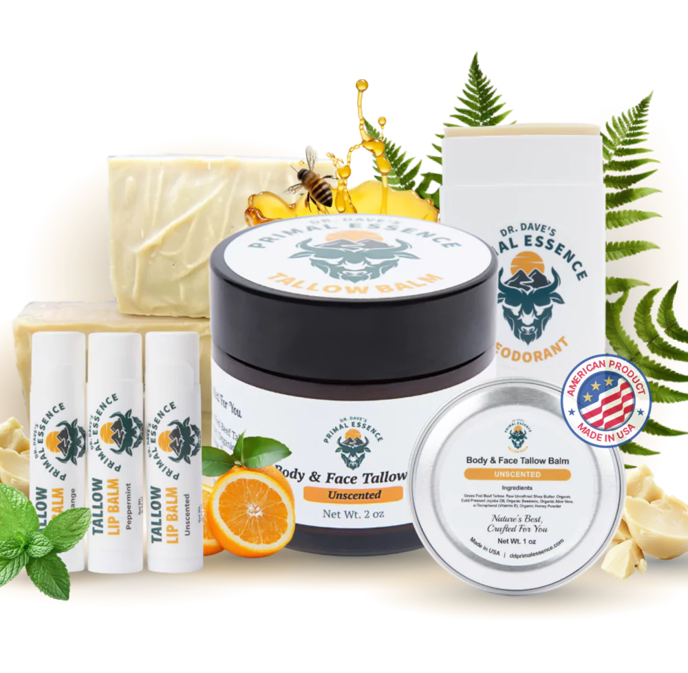 Collection of Primal Essence unscented skincare products with natural ingredients.