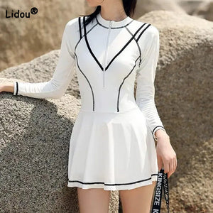 Contrasting Colors Patchwork Zipper Long Sleeve Black White With Chest Pad Without Steel Support Conjoined Body Women's Swimwear - Amitta.shop