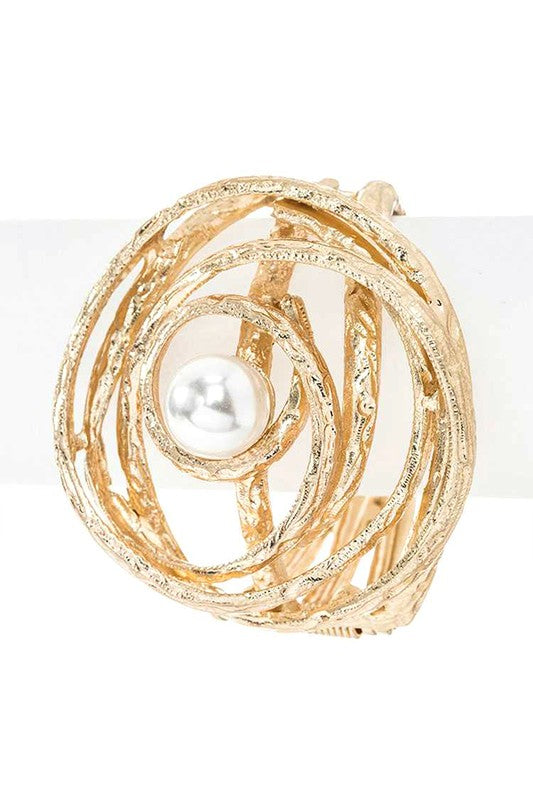Pearl Accent Oversize Textured Hinged Bangle