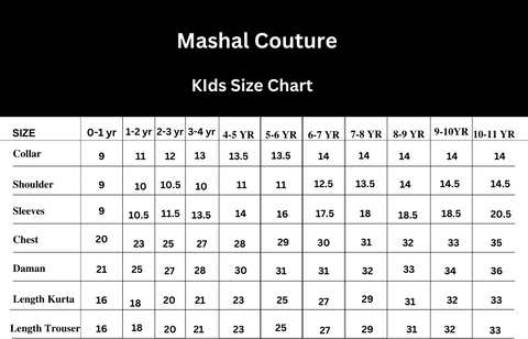 Mashal Couture Kids Size Chart: Accurate measurements for children's clothing sizes, ensuring a perfect fit.