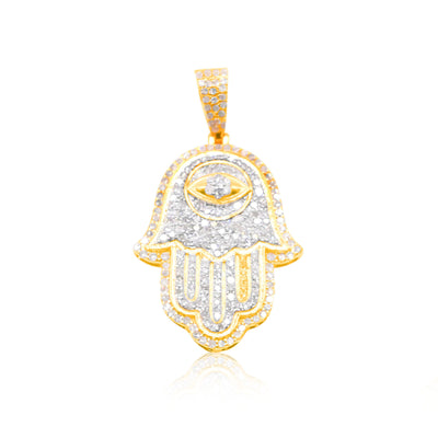 Hamsa Hand Devil Eye Centered Diamond Pendant (1.00CT) in 10K Gold