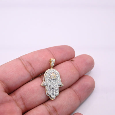 Hamsa Round Centered Baguette Diamond Pendant (1.50CT ) in 10K Gold