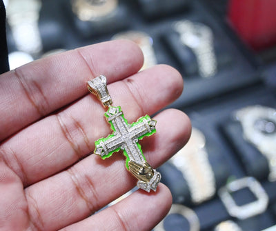 Cross Baguette Bling Emerald Praying Hand Diamond Pendant (1.00CT) in 10K Gold