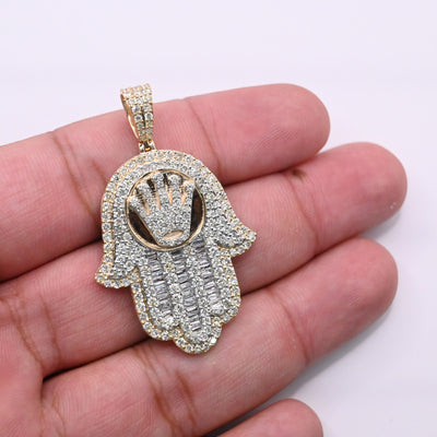 Hamsa Crown Centered Baguette Diamond Pendant (3.75CT) in 10K Gold