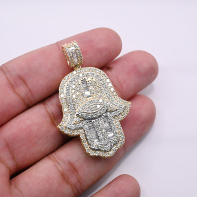 Hamsa Hand Baguette Diamond Hamsa Pendant (4.75CT) in 10K Gold