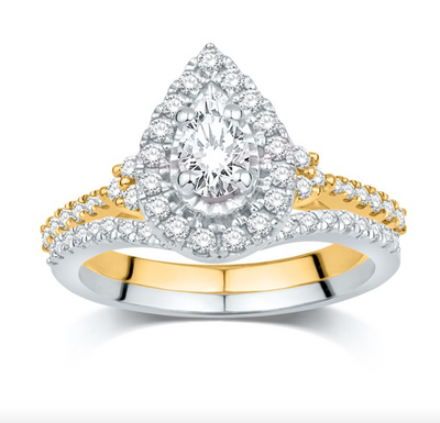 Pear Shape Halo Diamond Cluster Bridal Set (0.75CT) in 14K Gold - Size 7 to 12
