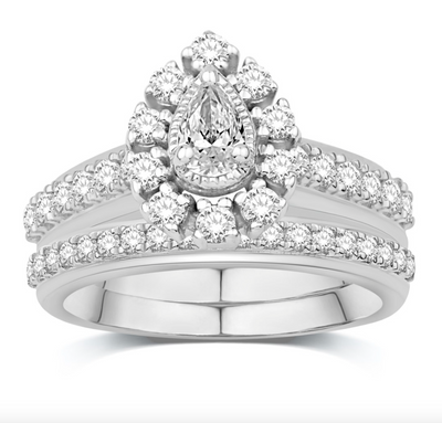 Pear Shape Halo Diamond Cluster Bridal Set (1.00CT) in 14K Gold - Size 7 to 12