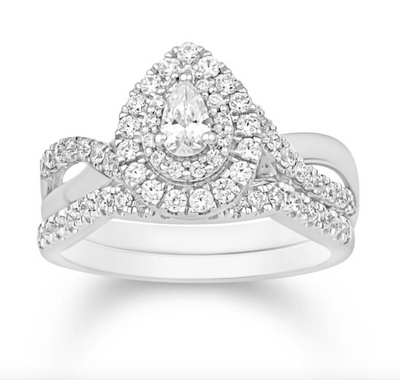 Pear Shape Halo Diamond Cluster Bridal Set (0.74CT) in 14K Gold - Size 7 to 12