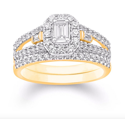 Square Shape Emerald Cut Halo Diamond Cluster Bridal Set (0.75CT) in 14K Gold - Size 7 to 12