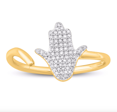 Hamsa Hand Open Cuff Diamond Cluster Women's Ring (0.12CT) in 10K Gold - Size 7 to 12