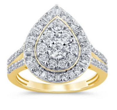 Pear Shape Halo Baguette Diamond Cluster Women's Ring (1.00CT) in 10K Gold - Size 7 to 12