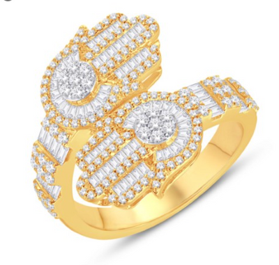 Hamsa Edge Baguette Open Cuff Diamond Women's Ring (1.16CT) in 10K Gold - Size 7 to 12