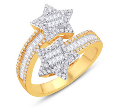 Star Edge Baguette Open Cuff Diamond Women's Band Ring (0.89CT) in 10K Gold - Size 7 to 12