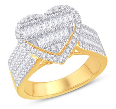 Heart Shape Baguette Diamond Cluster Women's Ring (1.25CT) in 14K Gold - Size 7 to 12