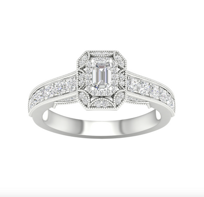 Emerald Cut Halo Diamond Cluster Women's Ring (0.75CT) in 14K Gold - Size 7 to 12