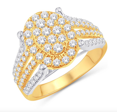 Oval Shape Halo Diamond Cluster Women's Ring (0.96CT) in 10K Gold - Size 7 to 12
