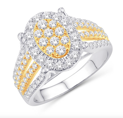 Oval Shape Halo Diamond Cluster Women's Ring (0.96CT) in 10K Gold - Size 7 to 12