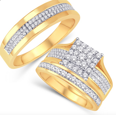 Square Frame Diamond Cluster Trio Bridal Set (1.00CT) in 10K Gold - Size 7 to 12