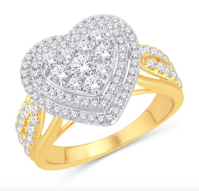 Heart Shape Double Halo Diamond Cluster Women's Ring (0.94CT) in 10K Gold - Size 7 to 12