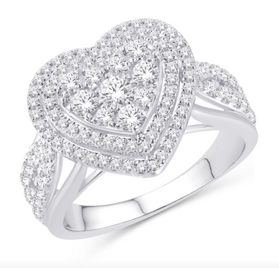 Heart Shape Double Halo Diamond Cluster Women's Ring (0.94CT) in 10K Gold - Size 7 to 12