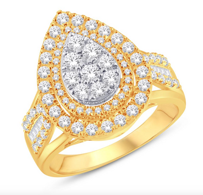 Pear Shape Double Halo Diamond Cluster Women's Ring (0.98CT) in 10K Gold - Size 7 to 12