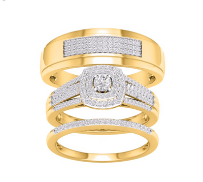 Square Frame Halo Diamond Trio Bridal Set (0.50CT) in 10K Gold - Size 7 to 12