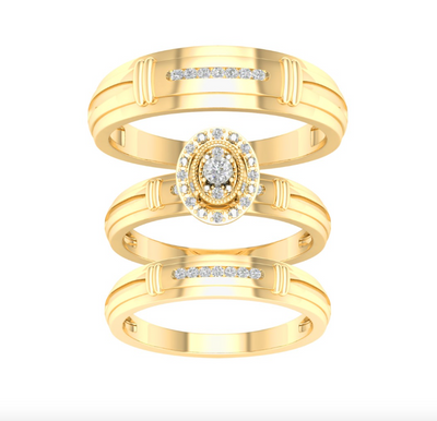 Round Shape Halo Diamond Trio Bridal Set (0.11CT) in 10K Gold - Size 7 to 12