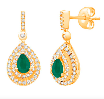 Pear Dangle Emerald Diamond Cluster Stud Earring (0.23CT) in 10K Gold (Yellow or White)