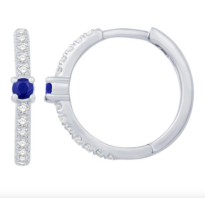 Blue Sapphire Petite Huggie Hoop Diamond Halo Earring (0.24CT) in 14K Gold (Yellow or White)