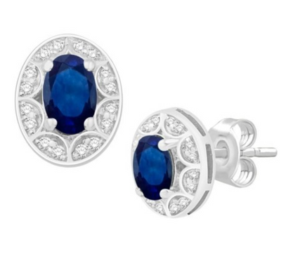 Round Shape Blue Sapphire Diamond Halo Stud Earring (1.22CT) in 14K Gold (Yellow or White)