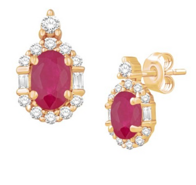 Oval Shape Ruby Illusion Diamond Cluster Stud Earring (1.49CT) in 14K Gold (Yellow or White)