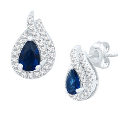 Tear Shape Blue Sapphire Diamond Cluster Stud Earring (1.28CT) in 14K Gold (Yellow or White)