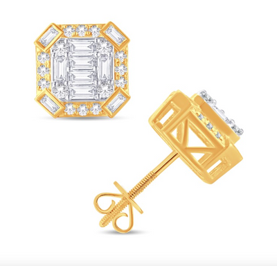 Square Shape Illusion Diamond Stud Earring (0.90CT) in 10K Gold (Yellow or White)