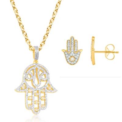 10K Gold Hamsa Pendant with 0.70CT Diamonds with Matching Gold Cross Studs with 0.28CT Diamonds